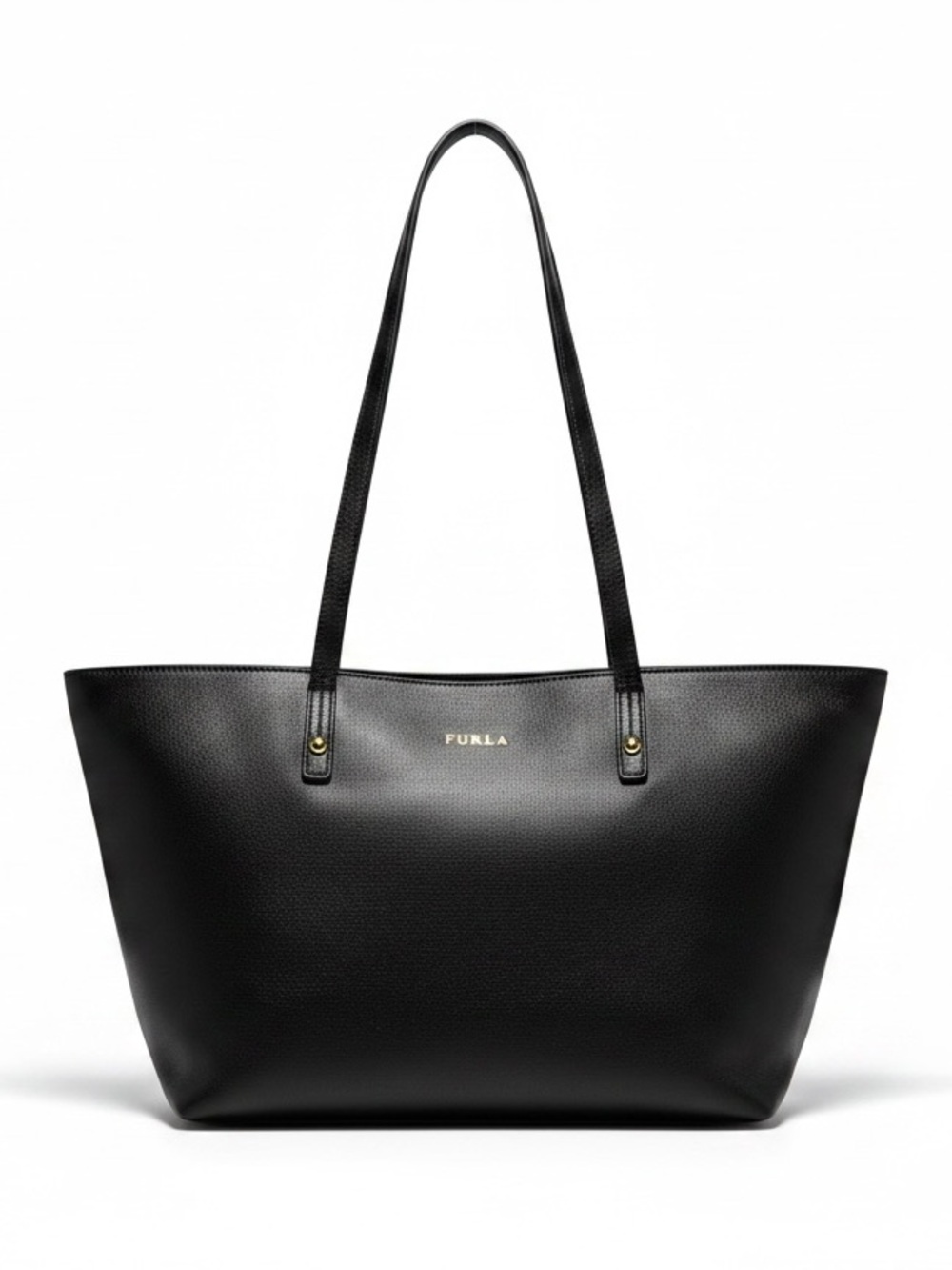 Furla Saffiano Leather Shoulder Bag Tote Logo Black Gold Minimalist Zip Pockets